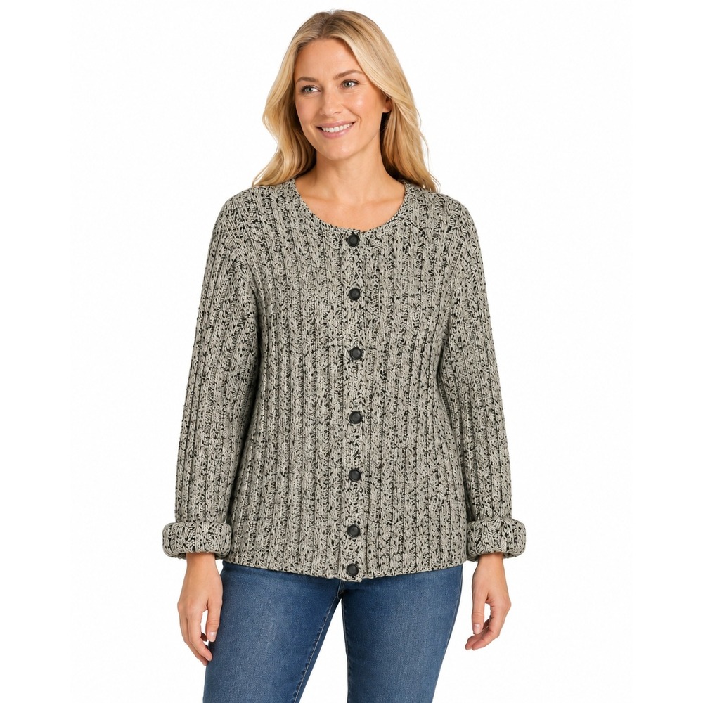 Talbots Cardigan Sweater Womens Large Black White Silk Blend Ribbed Marled Knit